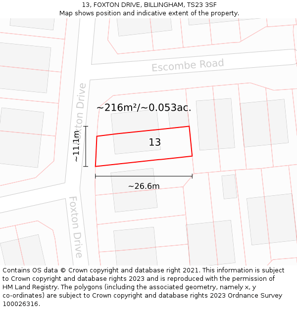 13, FOXTON DRIVE, BILLINGHAM, TS23 3SF: Plot and title map