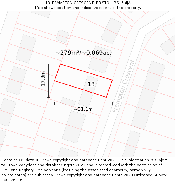 13, FRAMPTON CRESCENT, BRISTOL, BS16 4JA: Plot and title map