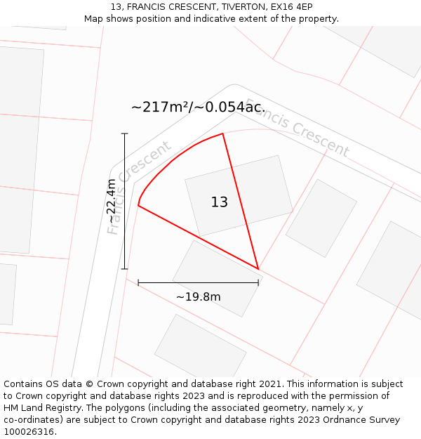 13, FRANCIS CRESCENT, TIVERTON, EX16 4EP: Plot and title map