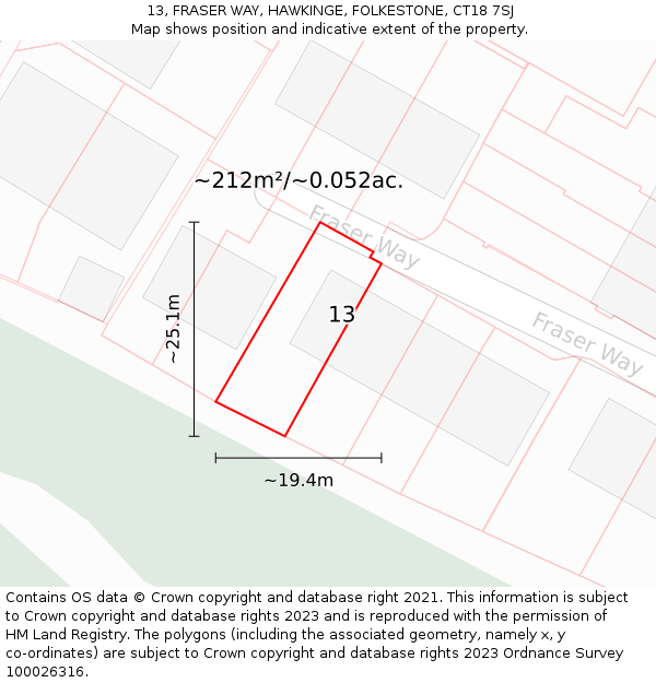 13, FRASER WAY, HAWKINGE, FOLKESTONE, CT18 7SJ: Plot and title map