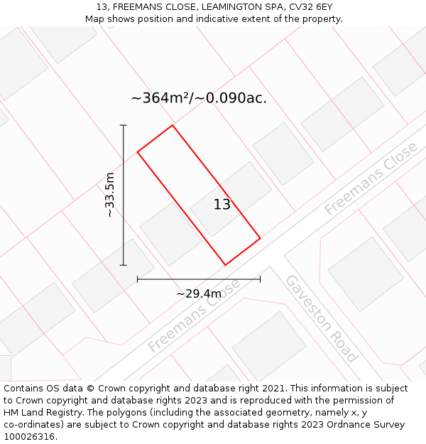 13, FREEMANS CLOSE, LEAMINGTON SPA, CV32 6EY: Plot and title map