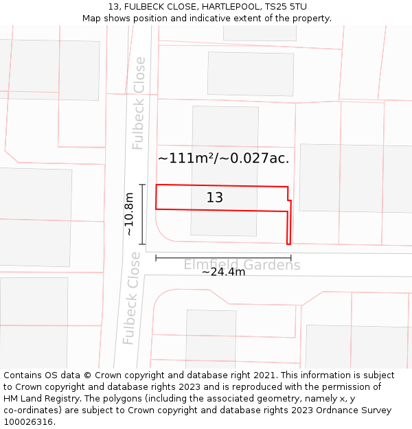 13, FULBECK CLOSE, HARTLEPOOL, TS25 5TU: Plot and title map