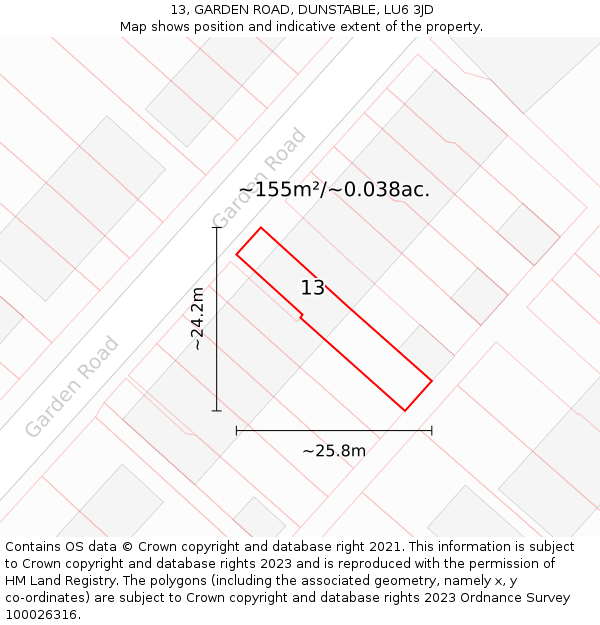 13, GARDEN ROAD, DUNSTABLE, LU6 3JD: Plot and title map