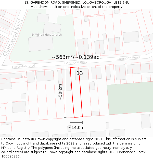 13, GARENDON ROAD, SHEPSHED, LOUGHBOROUGH, LE12 9NU: Plot and title map