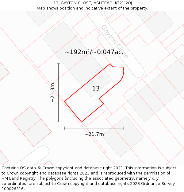 13, GAYTON CLOSE, ASHTEAD, KT21 2QJ: Plot and title map