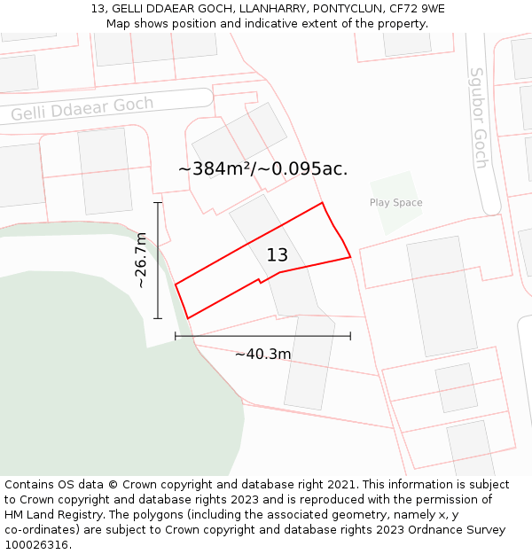 13, GELLI DDAEAR GOCH, LLANHARRY, PONTYCLUN, CF72 9WE: Plot and title map