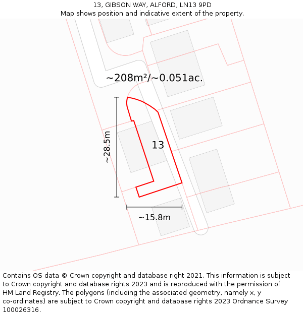 13, GIBSON WAY, ALFORD, LN13 9PD: Plot and title map