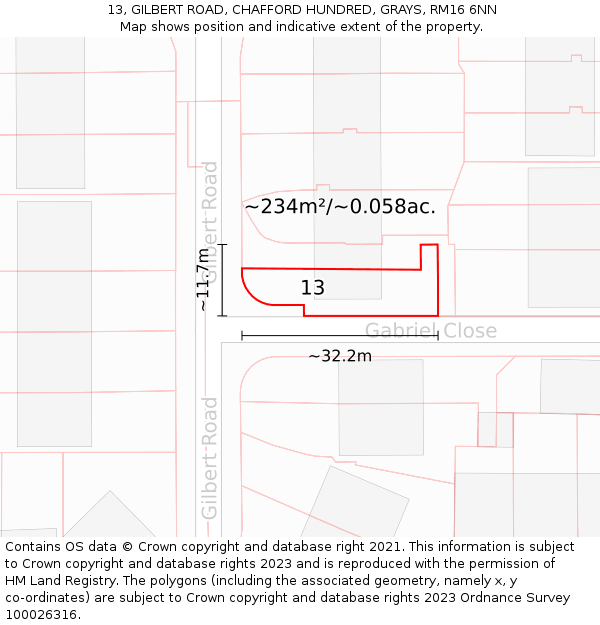 13, GILBERT ROAD, CHAFFORD HUNDRED, GRAYS, RM16 6NN: Plot and title map