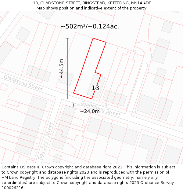 13, GLADSTONE STREET, RINGSTEAD, KETTERING, NN14 4DE: Plot and title map
