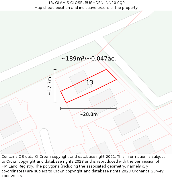 13, GLAMIS CLOSE, RUSHDEN, NN10 0QP: Plot and title map