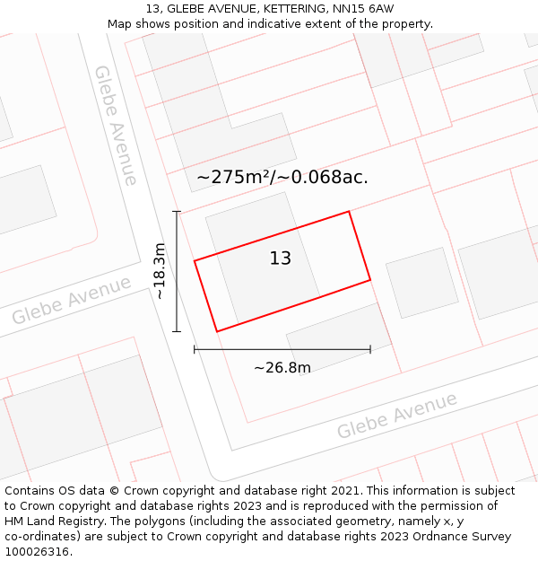 13, GLEBE AVENUE, KETTERING, NN15 6AW: Plot and title map