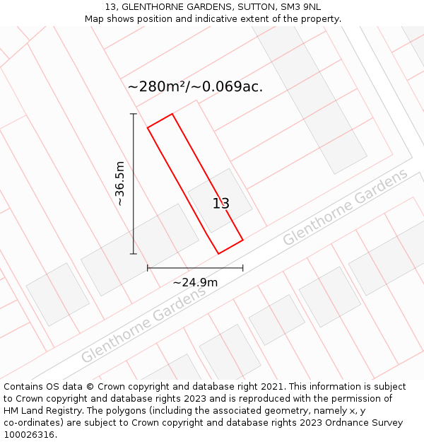 13, GLENTHORNE GARDENS, SUTTON, SM3 9NL: Plot and title map