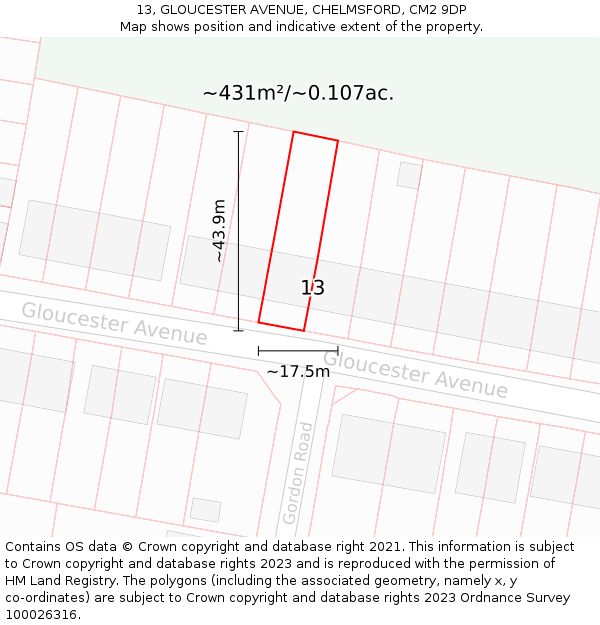 13, GLOUCESTER AVENUE, CHELMSFORD, CM2 9DP: Plot and title map