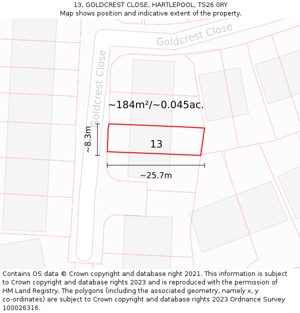13, GOLDCREST CLOSE, HARTLEPOOL, TS26 0RY: Plot and title map