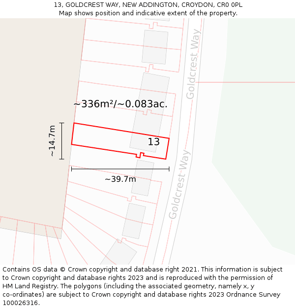 13, GOLDCREST WAY, NEW ADDINGTON, CROYDON, CR0 0PL: Plot and title map