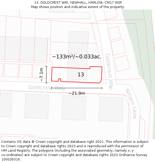 13, GOLDCREST WAY, NEWHALL, HARLOW, CM17 9GR: Plot and title map