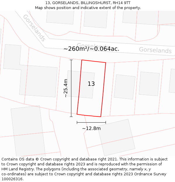 13, GORSELANDS, BILLINGSHURST, RH14 9TT: Plot and title map