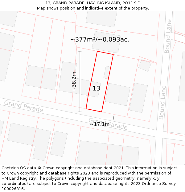 13, GRAND PARADE, HAYLING ISLAND, PO11 9JD: Plot and title map