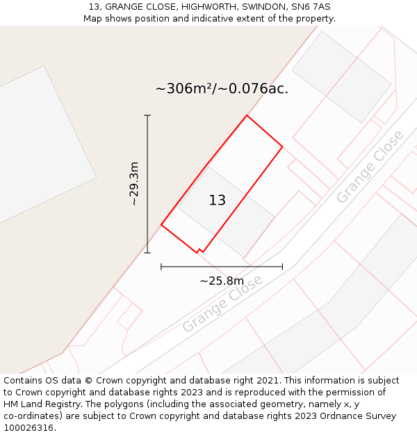 13, GRANGE CLOSE, HIGHWORTH, SWINDON, SN6 7AS: Plot and title map