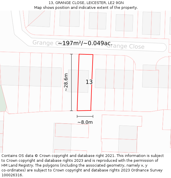 13, GRANGE CLOSE, LEICESTER, LE2 9GN: Plot and title map