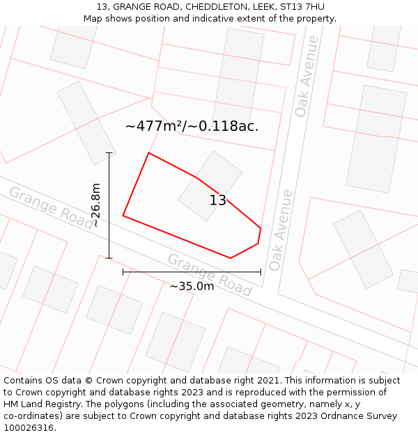 13, GRANGE ROAD, CHEDDLETON, LEEK, ST13 7HU: Plot and title map