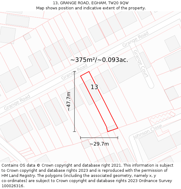 13, GRANGE ROAD, EGHAM, TW20 9QW: Plot and title map