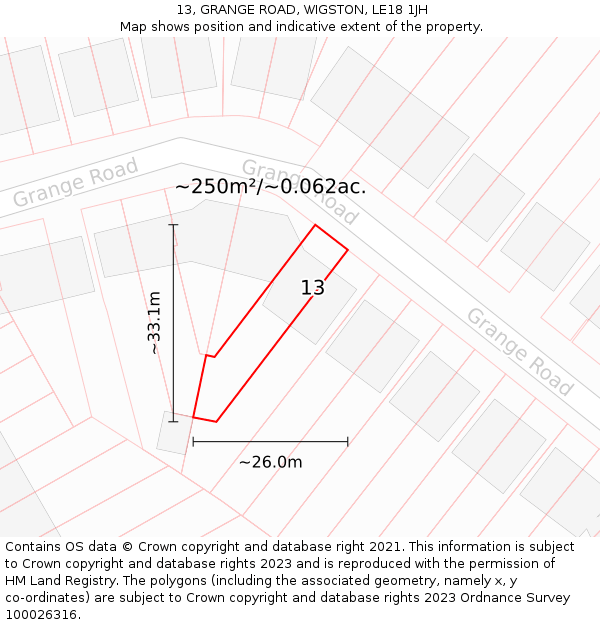 13, GRANGE ROAD, WIGSTON, LE18 1JH: Plot and title map