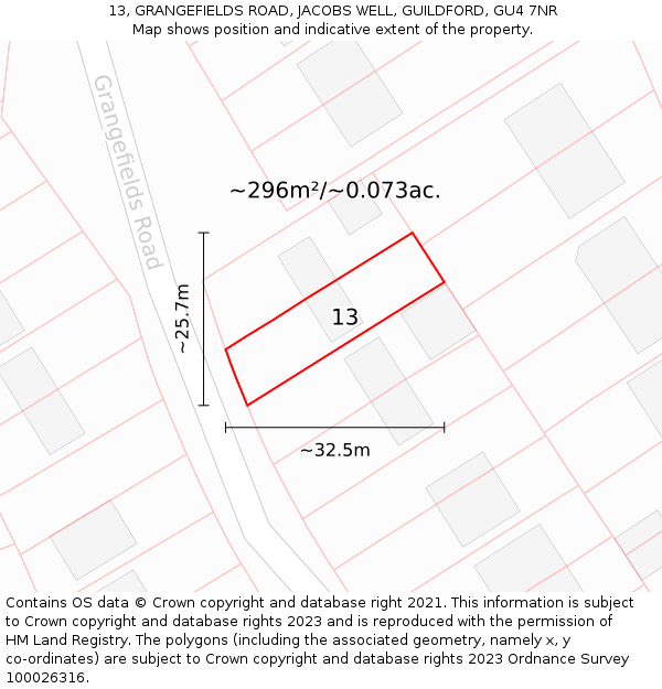 13, GRANGEFIELDS ROAD, JACOBS WELL, GUILDFORD, GU4 7NR: Plot and title map
