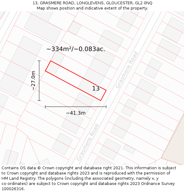 13, GRASMERE ROAD, LONGLEVENS, GLOUCESTER, GL2 0NQ: Plot and title map