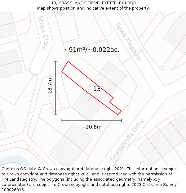 13, GRASSLANDS DRIVE, EXETER, EX1 3QR: Plot and title map