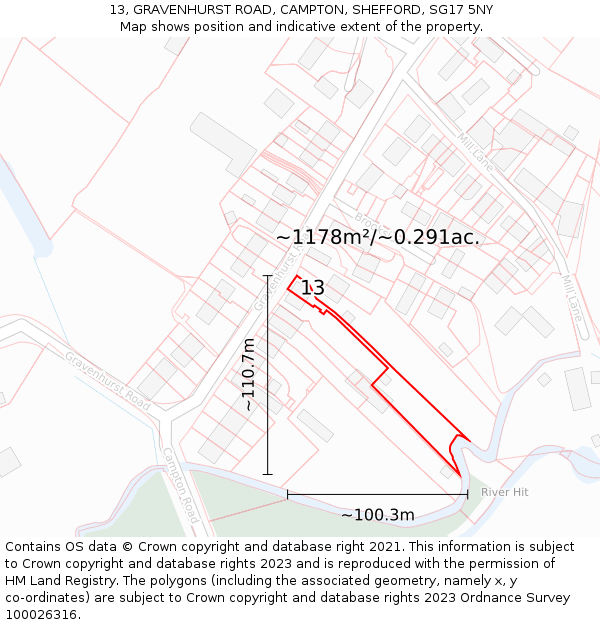 13, GRAVENHURST ROAD, CAMPTON, SHEFFORD, SG17 5NY: Plot and title map