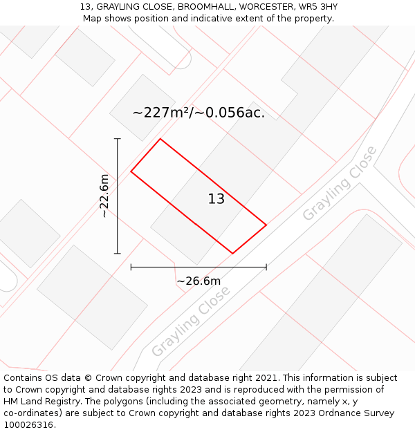 13, GRAYLING CLOSE, BROOMHALL, WORCESTER, WR5 3HY: Plot and title map
