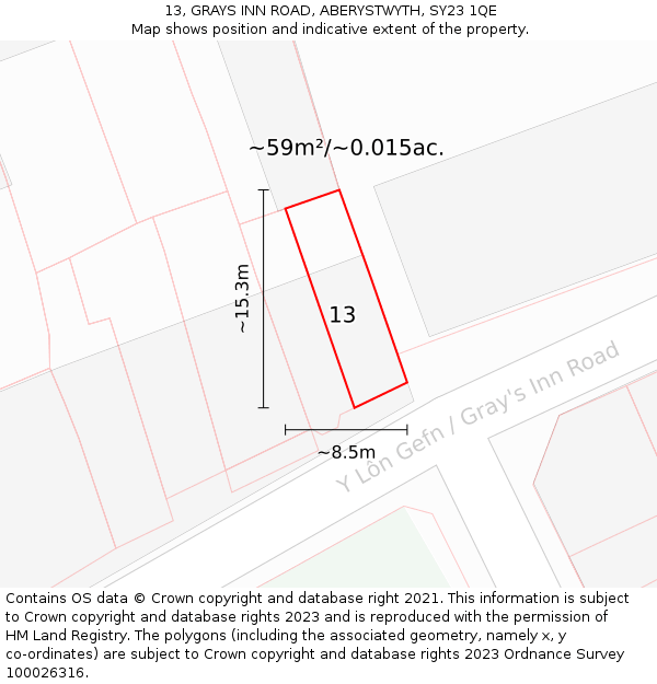 13, GRAYS INN ROAD, ABERYSTWYTH, SY23 1QE: Plot and title map