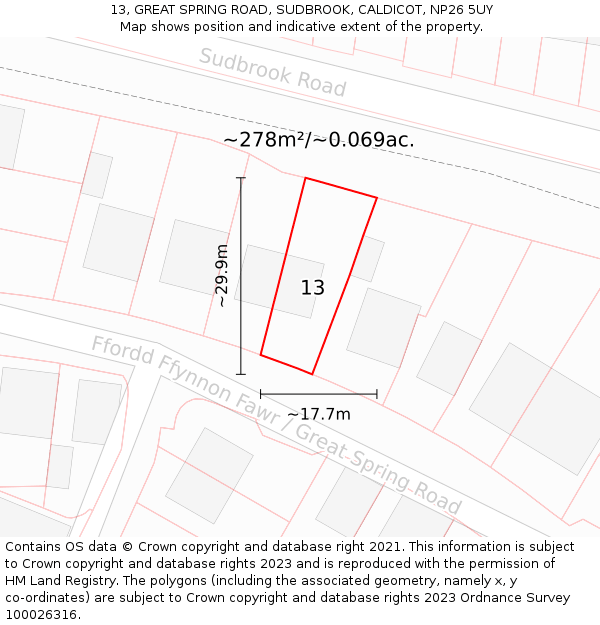 13, GREAT SPRING ROAD, SUDBROOK, CALDICOT, NP26 5UY: Plot and title map