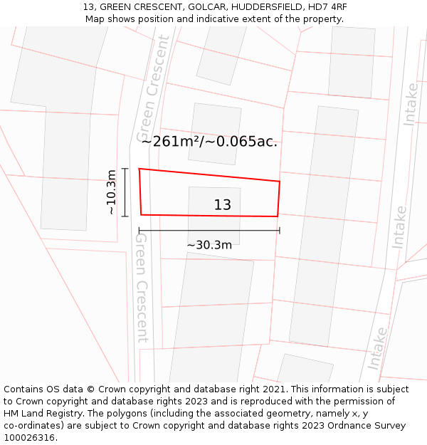 13, GREEN CRESCENT, GOLCAR, HUDDERSFIELD, HD7 4RF: Plot and title map