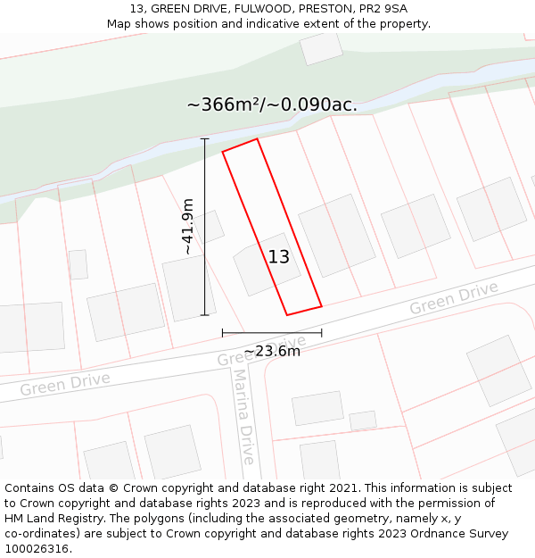 13, GREEN DRIVE, FULWOOD, PRESTON, PR2 9SA: Plot and title map