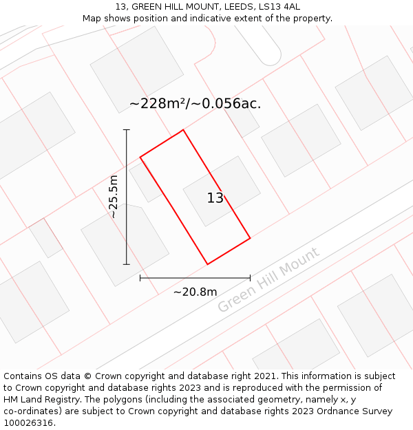 13, GREEN HILL MOUNT, LEEDS, LS13 4AL: Plot and title map