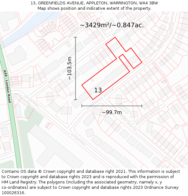 13, GREENFIELDS AVENUE, APPLETON, WARRINGTON, WA4 3BW: Plot and title map