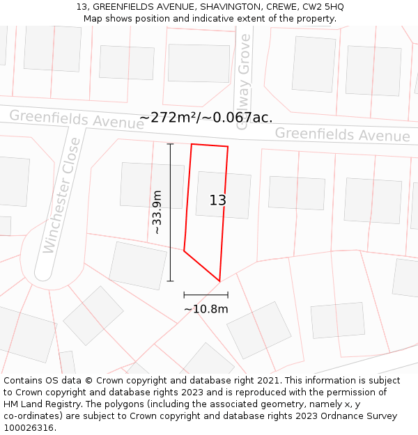 13, GREENFIELDS AVENUE, SHAVINGTON, CREWE, CW2 5HQ: Plot and title map