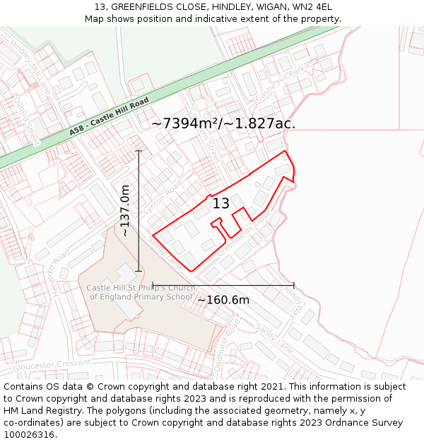 13, GREENFIELDS CLOSE, HINDLEY, WIGAN, WN2 4EL: Plot and title map