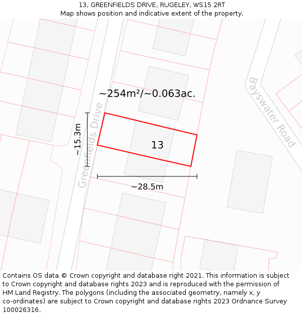 13, GREENFIELDS DRIVE, RUGELEY, WS15 2RT: Plot and title map