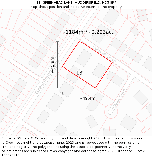 13, GREENHEAD LANE, HUDDERSFIELD, HD5 8PP: Plot and title map