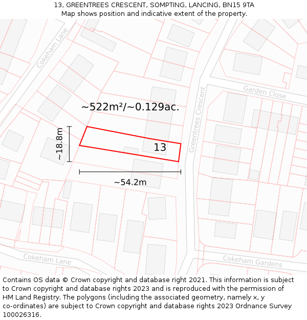 13, GREENTREES CRESCENT, SOMPTING, LANCING, BN15 9TA: Plot and title map