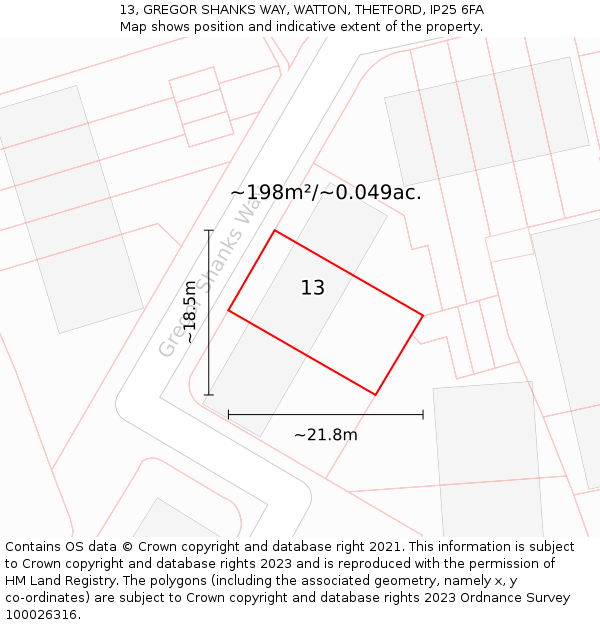13, GREGOR SHANKS WAY, WATTON, THETFORD, IP25 6FA: Plot and title map