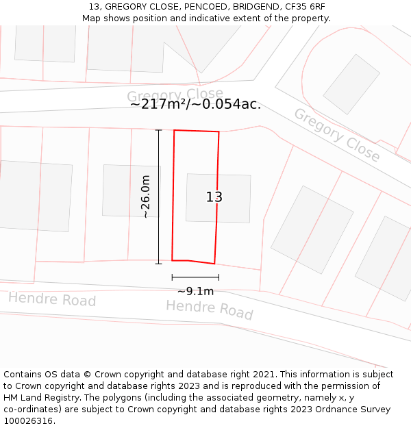 13, GREGORY CLOSE, PENCOED, BRIDGEND, CF35 6RF: Plot and title map