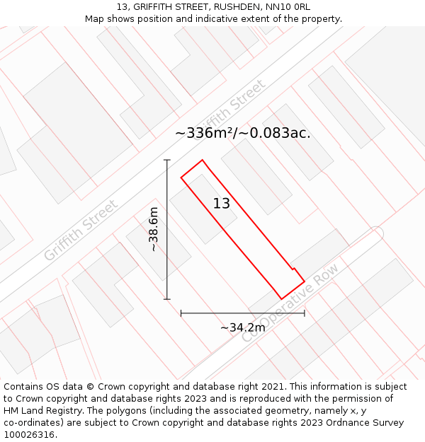13, GRIFFITH STREET, RUSHDEN, NN10 0RL: Plot and title map