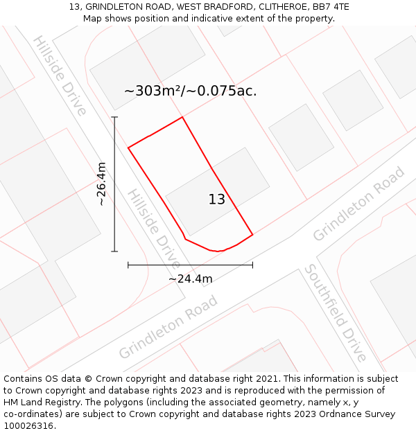 13, GRINDLETON ROAD, WEST BRADFORD, CLITHEROE, BB7 4TE: Plot and title map