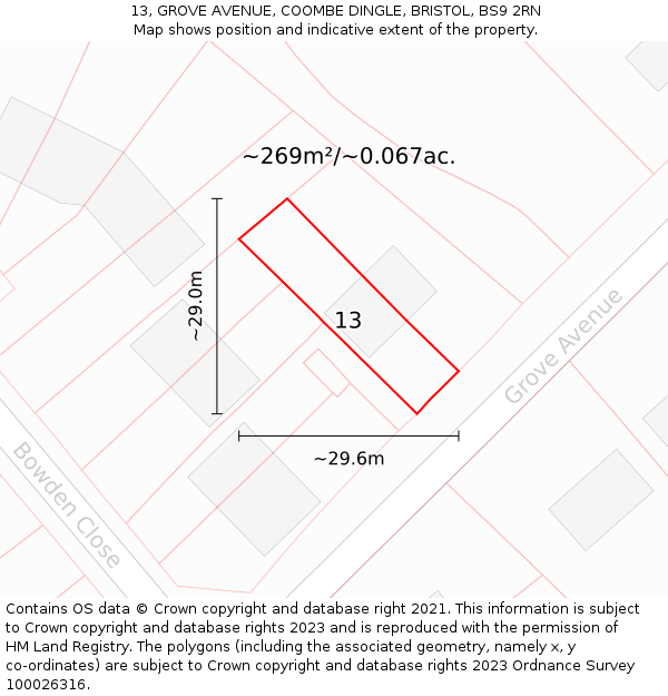 13, GROVE AVENUE, COOMBE DINGLE, BRISTOL, BS9 2RN: Plot and title map