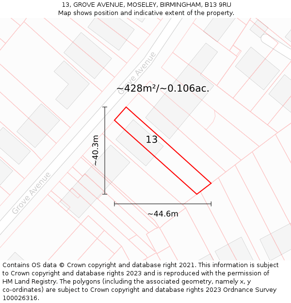 13, GROVE AVENUE, MOSELEY, BIRMINGHAM, B13 9RU: Plot and title map