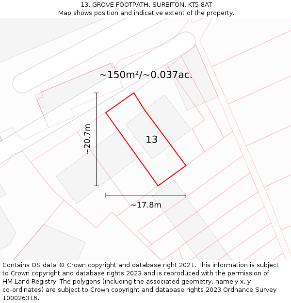 13, GROVE FOOTPATH, SURBITON, KT5 8AT: Plot and title map